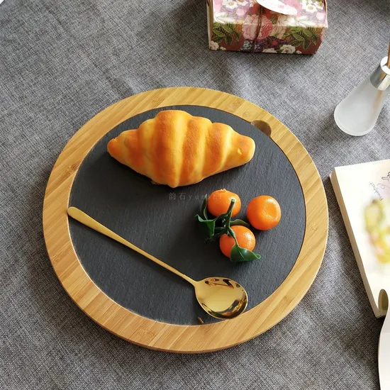 Juego de cuchillos y tabla de quesos redonda de bambú y pizarra