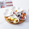 Bandeja de madera de bambú, bandeja para aperitivos y condimentos de frutas, bandeja para servir postres con 3 cuencos de cerámica blanca
