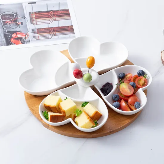 Bandeja de madera de bambú, bandeja para aperitivos y condimentos de frutas, bandeja para servir postres con 3 cuencos de cerámica blanca