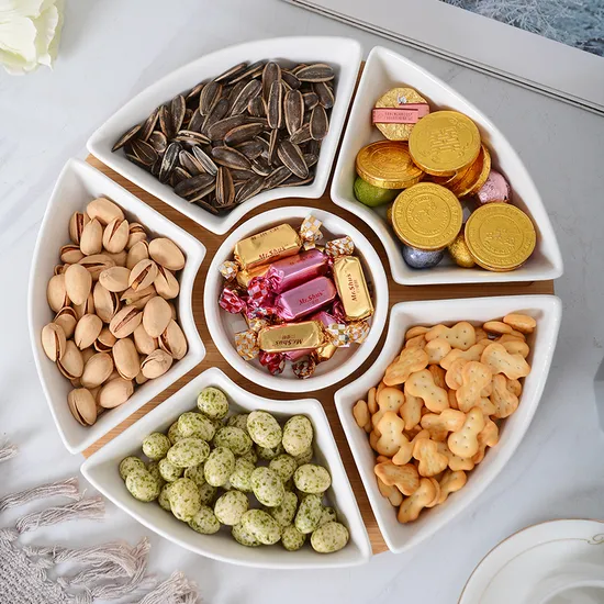 Plato giratorio de cerámica dividido para servir, Susan perezosa de bambú para aperitivos de frutas en restaurante