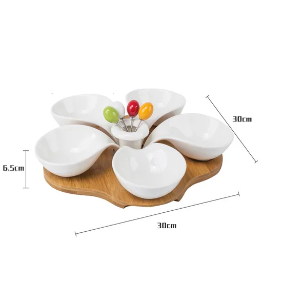 Ensaladera de cerámica de 5 rejillas y plato para salsa con bandeja de bambú para servir té de la tarde, frutas, postres y nueces