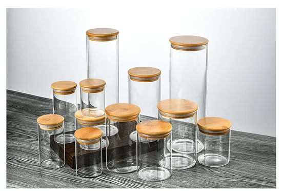 Tarro de vidrio redondo para almacenamiento de alimentos, 450ml, 550ml, 750ml, 900ml, con tapa de madera de bambú