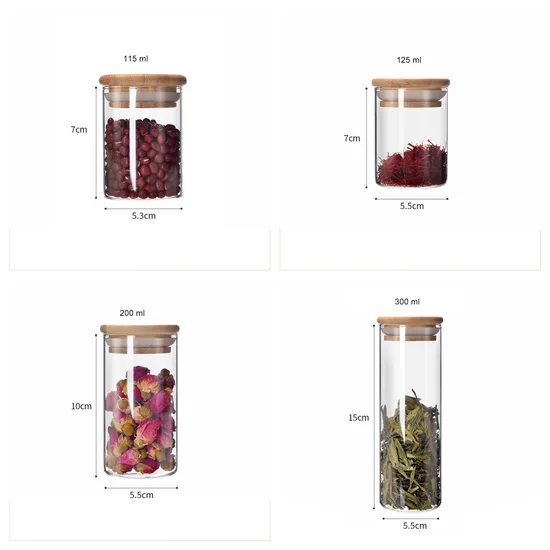 Tarro de vidrio de borosilicato al por mayor con tapa de madera de bambú para almacenamiento de nueces, té, dulces y café