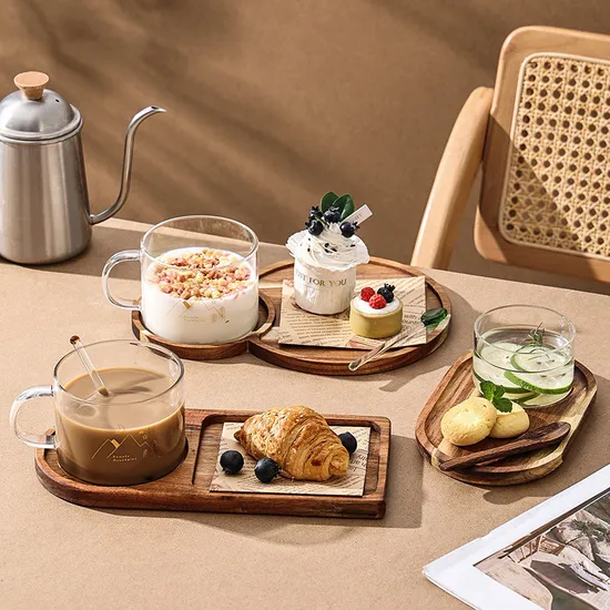 Bandeja de madera resistente al calor para servir con cuenco de cristal para pudín, cuenco para helado, taza de yogur