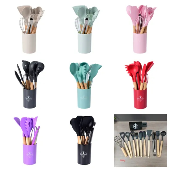 Juego de utensilios de cocina de silicona multiusos, 12 Uds., herramientas de cocina, utensilios de cocina con mango de madera y soporte de almacenamiento