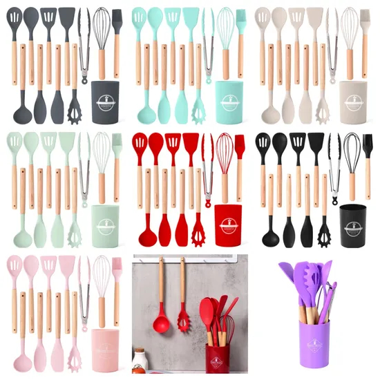 Pinzas giratorias resistentes al calor, espátula, cuchara, cepillo, batidor, utensilios de cocina de silicona, juego de utensilios de cocina con mango de madera