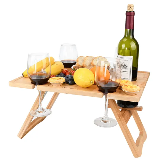Mesa de picnic de vino portátil para exteriores, bandeja de aperitivos de playa de bambú, para acampar