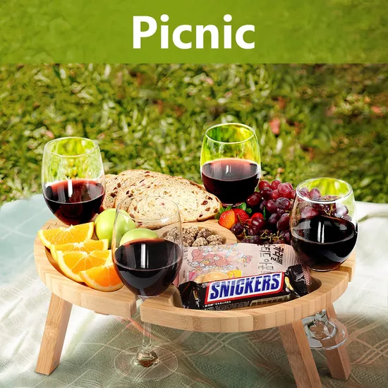 Mesa de picnic al aire libre de bambú de forma ovalada con soporte de vidrio para parque, playa, camping, cama