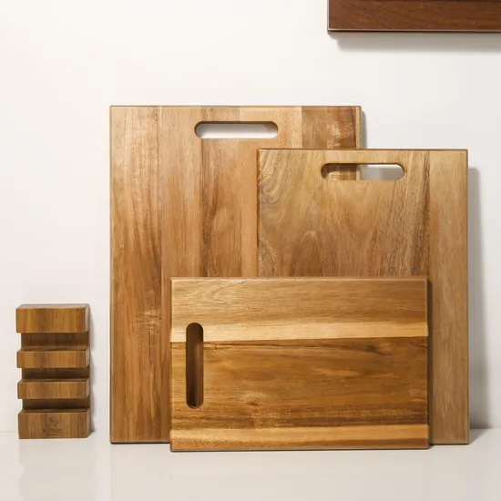 Juego de 3 tablas de cortar de madera de acacia, muy vendidas, con soporte