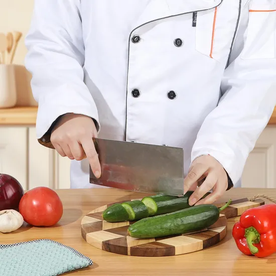 Tabla de cortar de madera de caucho en forma de espiga con mango
