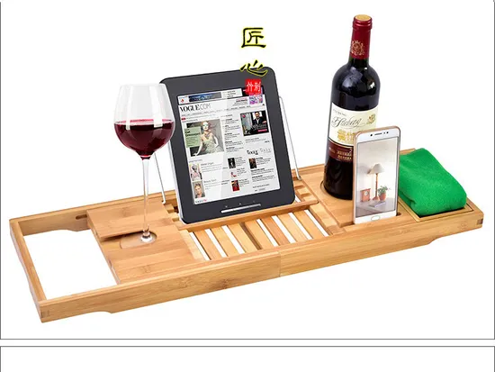 Estante de baño de bambú antideslizante multifuncional retráctil, estante para bañera con soporte para vino tinto