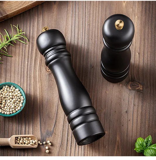 Molinillo de pimienta de madera pintado de PU negro de 8 pulgadas Molinillo de sal marina