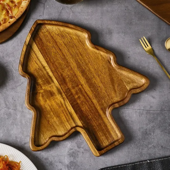 Bandeja festiva para servir árbol de Navidad de madera de acacia para picnics