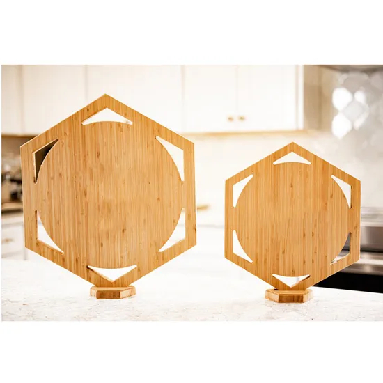Juego de 2 tablas de cortar de bambú grabadas inteligentes con forma hexagonal multifuncional