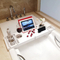 Tenedor de bambú de la bañera del estante del almacenamiento del cuarto de baño del color blanco con el tenedor del teléfono móvil de la pantalla plana