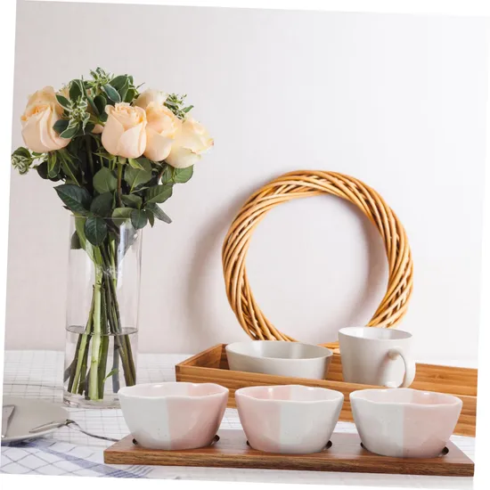 Elegante juego de cuencos de cerámica para servir aperitivos con bandeja de madera para frutas, aperitivos y postres