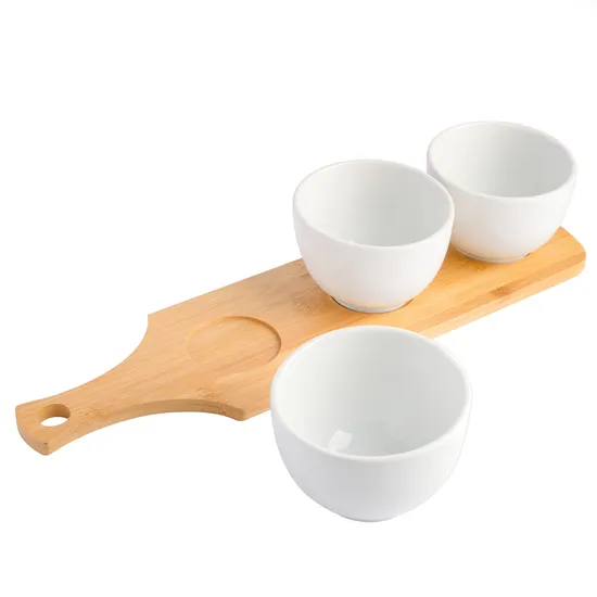 Elegante juego de cuencos Tidbit blancos de 3 piezas con bandeja de bambú para servir