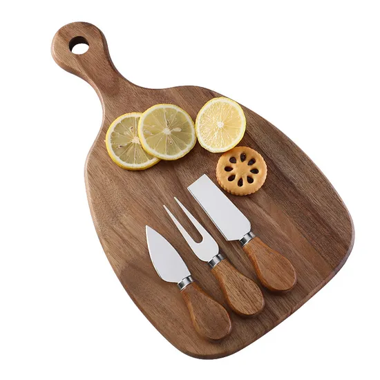 Tabla de queso de acacia duradera con juego de 3 cuchillos para uso doméstico