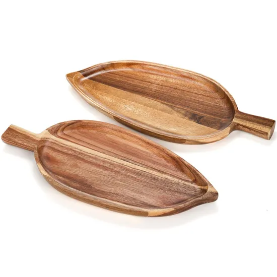 Bandeja para servir comida de madera de acacia con forma de hoja para aperitivos y refrigerios con asas