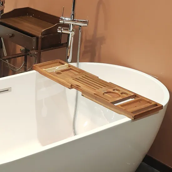 Bandeja extensible de lujo para bañera de madera de acacia con soporte para vino y soporte para libros