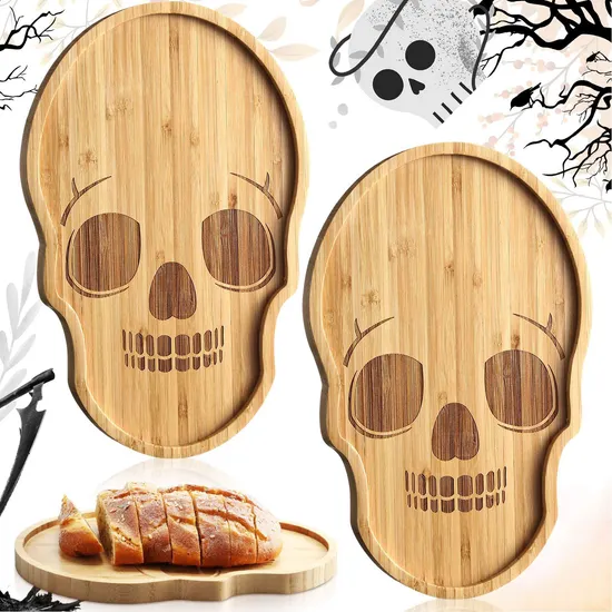 Halloween 2 piezas de bambú con forma de calavera para aperitivos y charcutería, platos para servir para fiesta