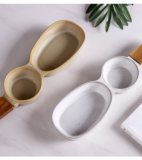 Mango de madera, cuenco de cerámica para aperitivos, plato de cerámica para servir, plato contenedor para ensalada
