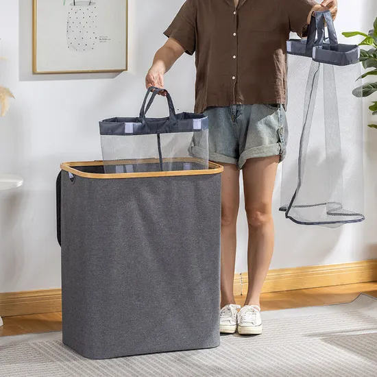 Cesto para la Ropa sucia de Tela de Bambú con Doble Apertura de 160 L Cesto de Almacenamiento de Gran Capacidad con Compartimentos Dobles.