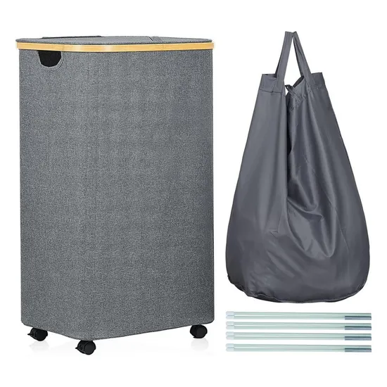 Cesta de lavandería de tela de bambú plegable y con ruedas, con funda y bolsa interior
