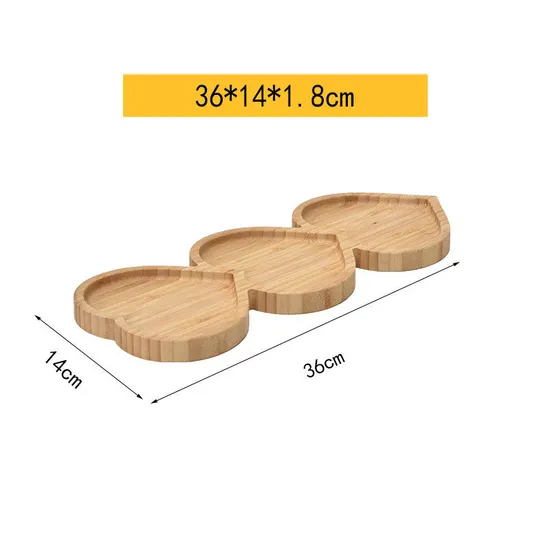 Atractivo 3 platos de bambú divididos en forma de corazón, bandeja de madera para servir comida