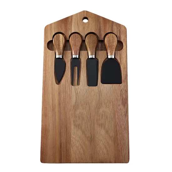 Vintage - Juego de tabla de quesos de acacia y cuchillos negros de inspiración vintage para cocina