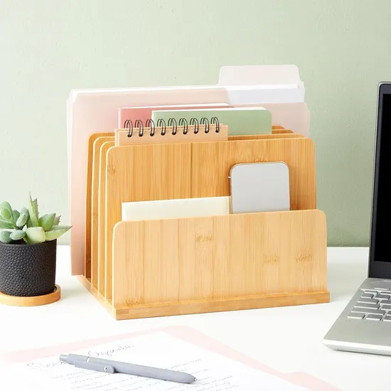 Carpeta de escritorio de oficina con estante de organización y almacenamiento de bambú y madera para papelería, materiales, letras