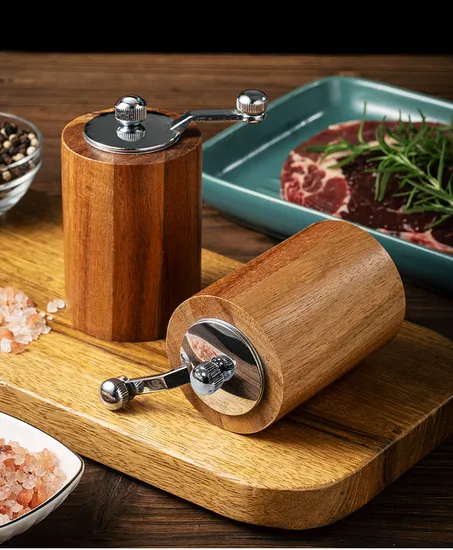 Jarrón molinillo de pimienta de madera de acacia con manivela y bandeja