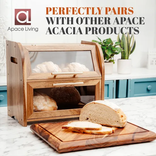 Caja de pan de madera de Acacia doble grande, contenedor de almacenamiento para cocina
