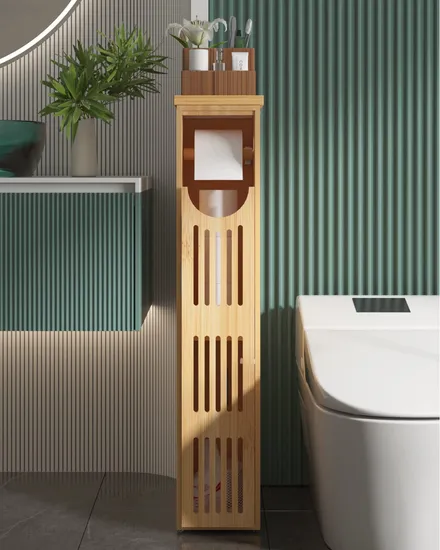 Estante de papel higiénico de bambú, organizador de baño, soporte de papel higiénico