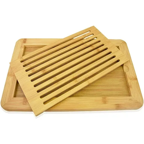 Tabla para cortar pan de bambú grande de primera calidad con bandeja recogemigas integrada