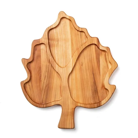 Plato de porción de madera de acacia dividido en forma de hoja para frutas secas/bocadillo