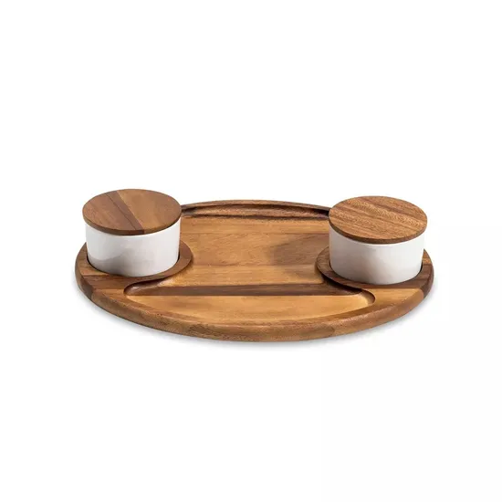 Tabla grande para servir embutidos de madera de acacia, bandeja de madera con 2 cuencos de cerámica