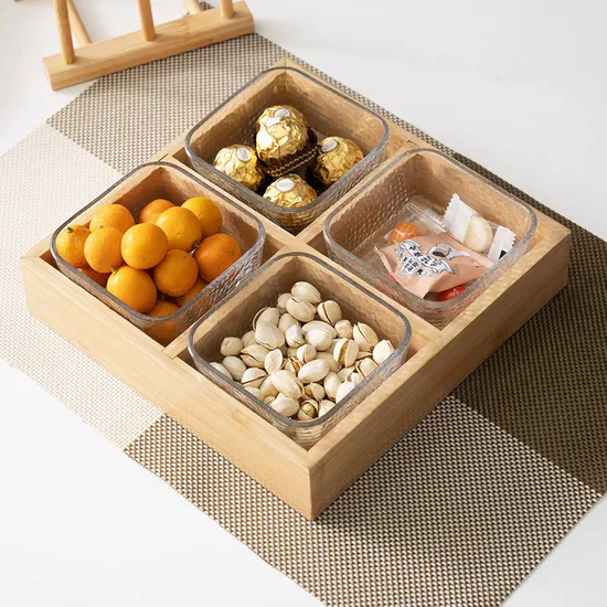 Juego de 2 cuencos de cristal cuadrados divididos con bandeja de bambú para servir frutas secas y aperitivos
