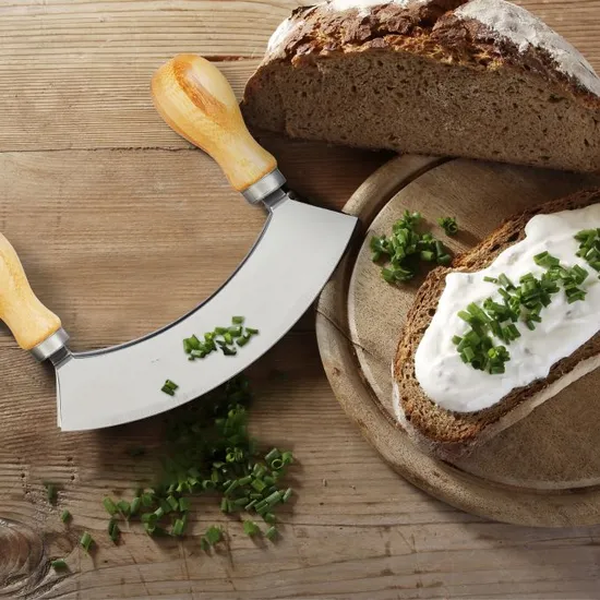 Cuchillo Media Luna y Tabla de Madera de Bambú de 20 Cm con Picador de Hierbas de Acero de Doble Hoja