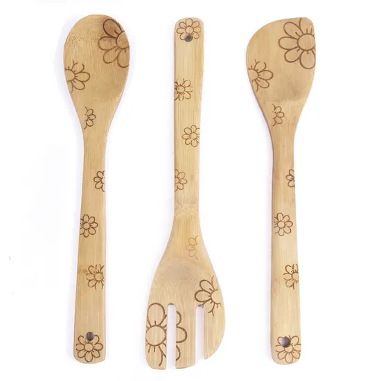 Juego de tenedor y cuchara de bambú grabado personalizado para cocinar