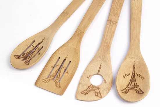 Espátula y cuchara ranurada de bambú grabada con láser personalizada para cocina