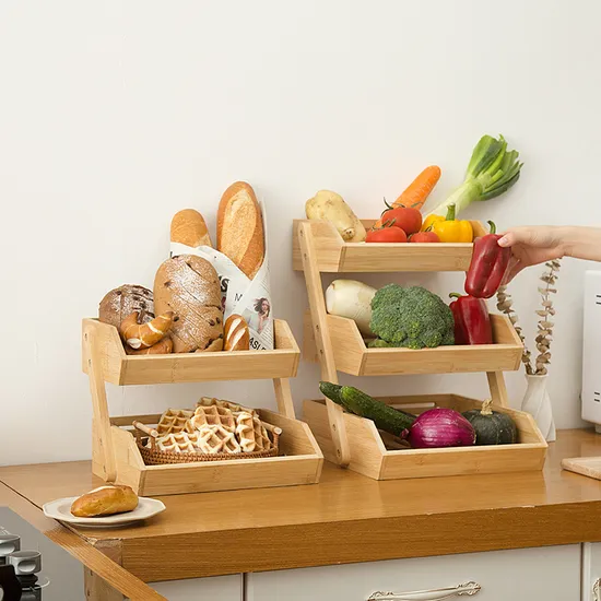 Cesta de almacenamiento de bambú de 2 niveles para encimera para frutas, verduras y pasteles