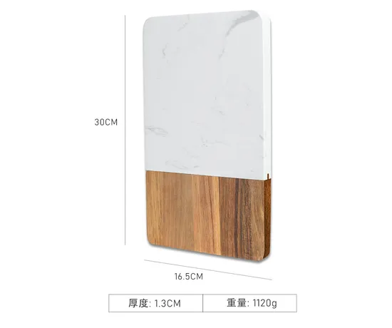 Tabla rectangular de mármol y madera para servir bistec y fruta