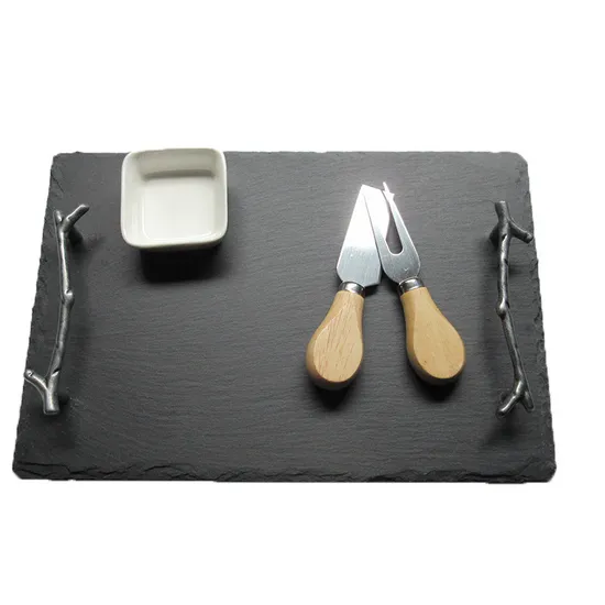 Bandeja redonda de pizarra negra con mango de metal