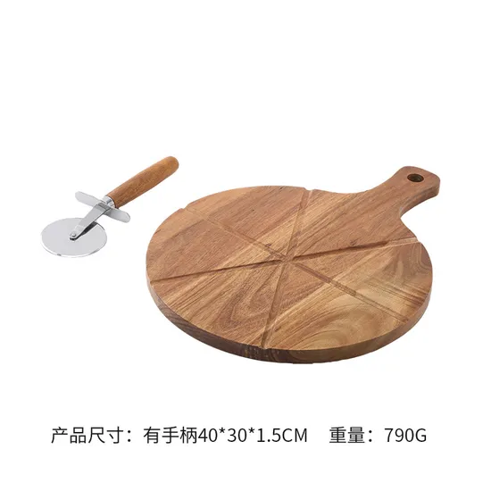 Tabla para servir pizza de madera con forma de paleta con asas y cuchillos