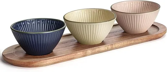 Bandeja de madera de acacia con 3 cuencos de cerámica de diferentes colores para servir Chip y DIP