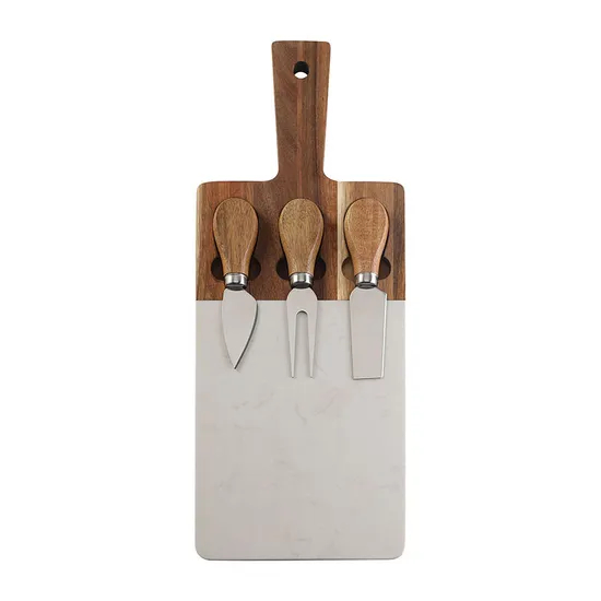 Tabla de servir de madera de mármol y acacia con juego de cuchillos para queso y mango
