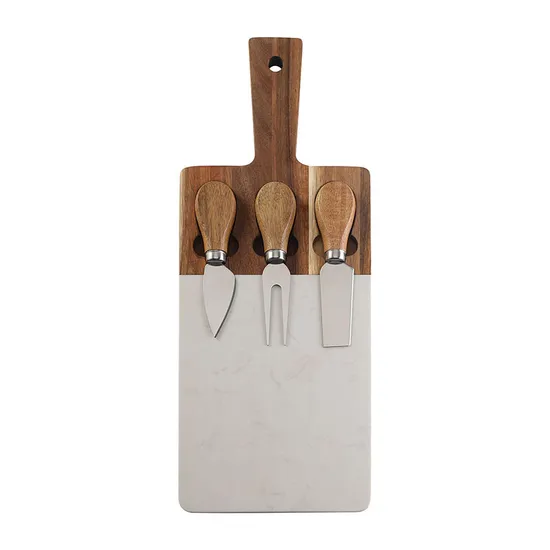 Tabla de servir de madera de mármol y acacia con juego de cuchillos para queso y mango