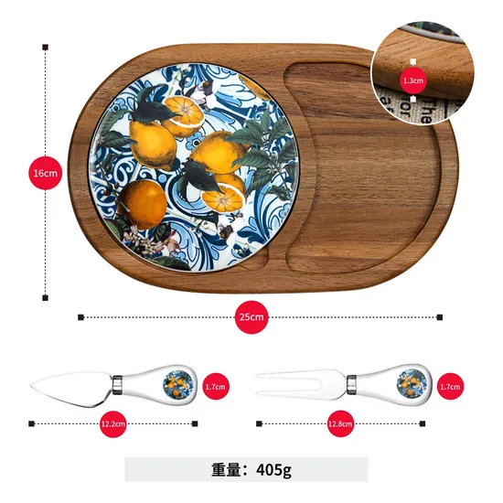 Tablas de madera para servir embutidos y quesos con plato de mármol y juego de cuchillos