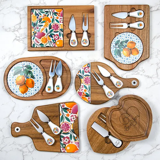 Juego de tabla rectangular para embutidos y quesos de mármol y madera de acacia con cuchillo
